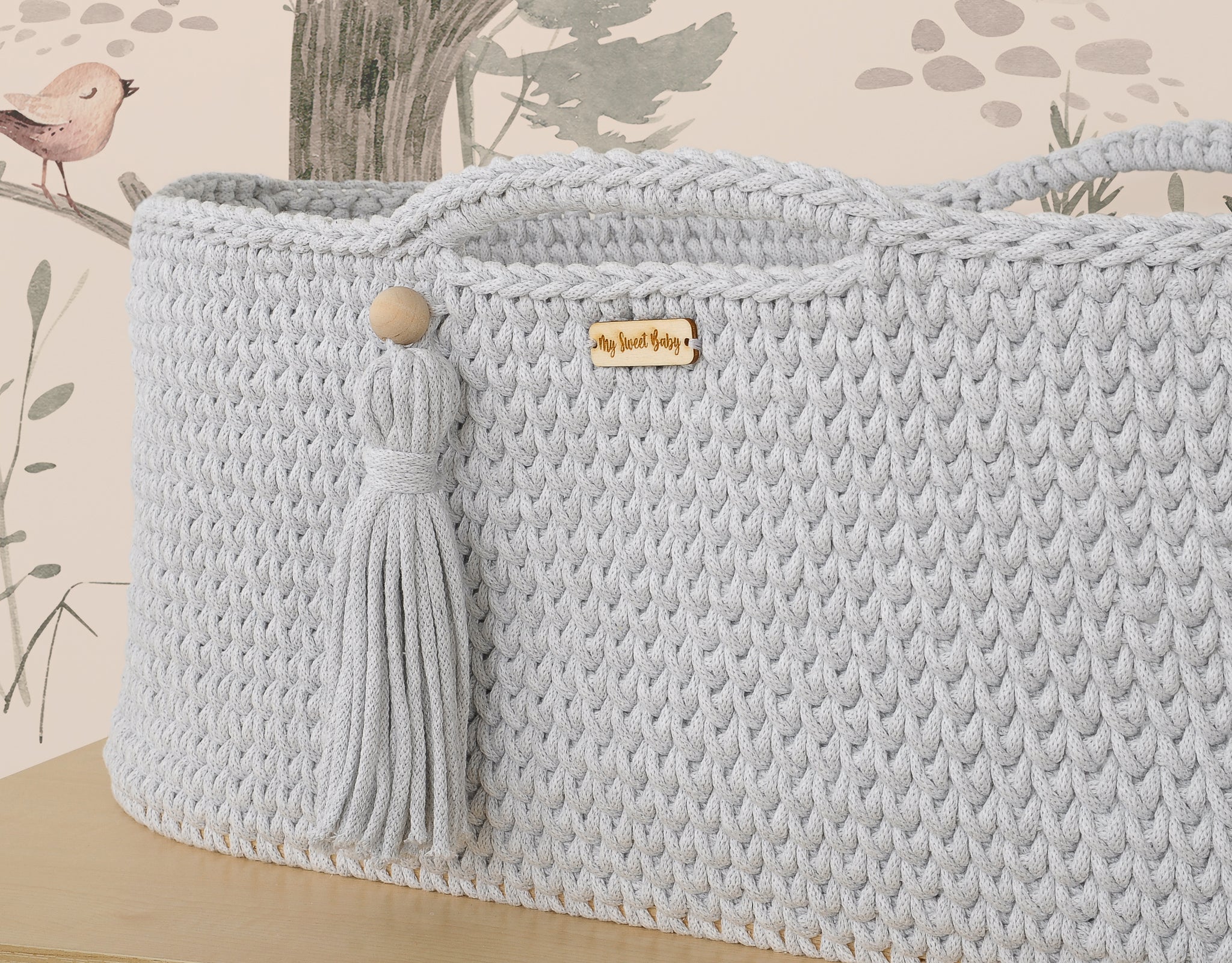 Moses basket BOHO Handmade with stand - light gray