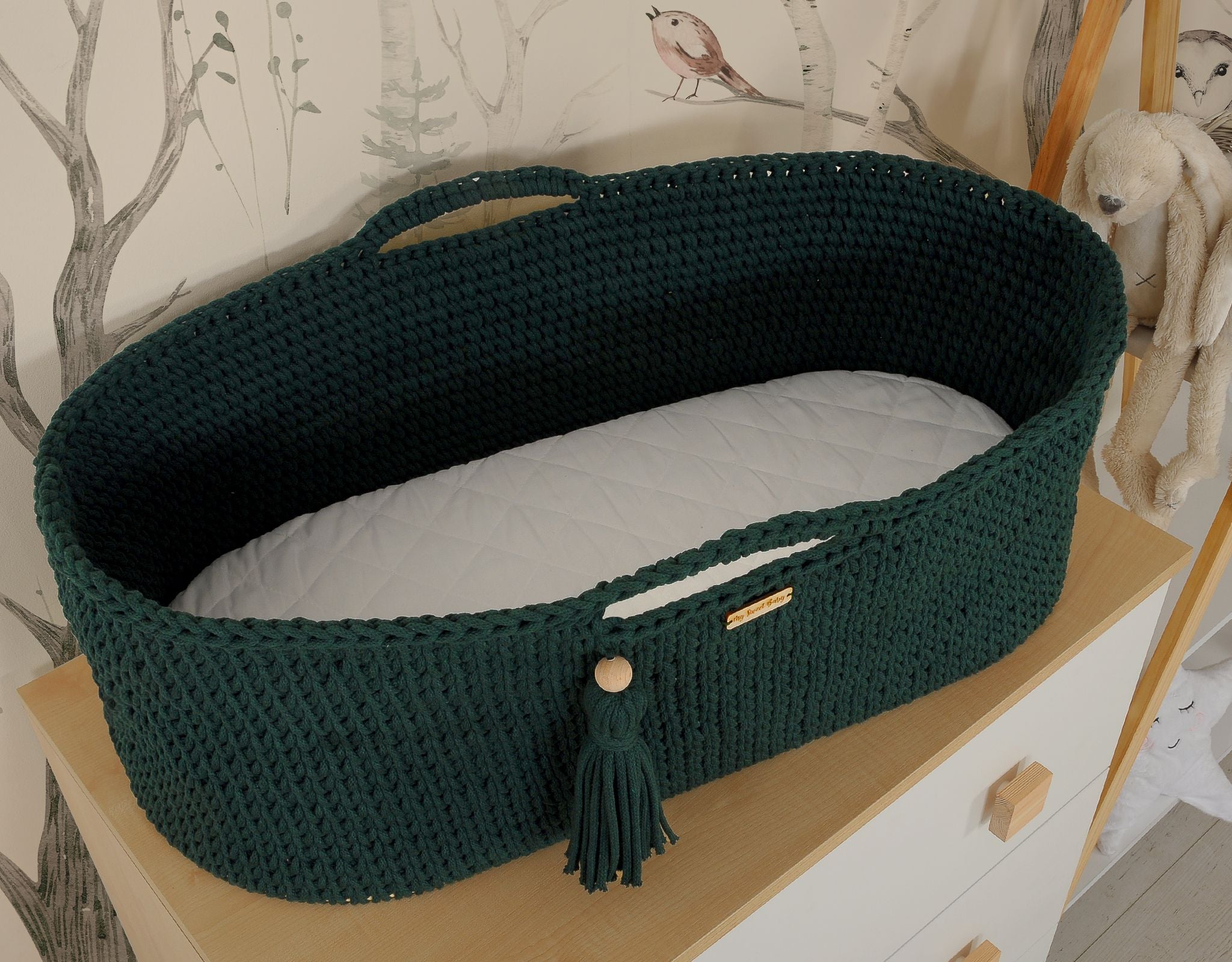 Moses basket BOHO Handmade cotton with mattress - bottle green