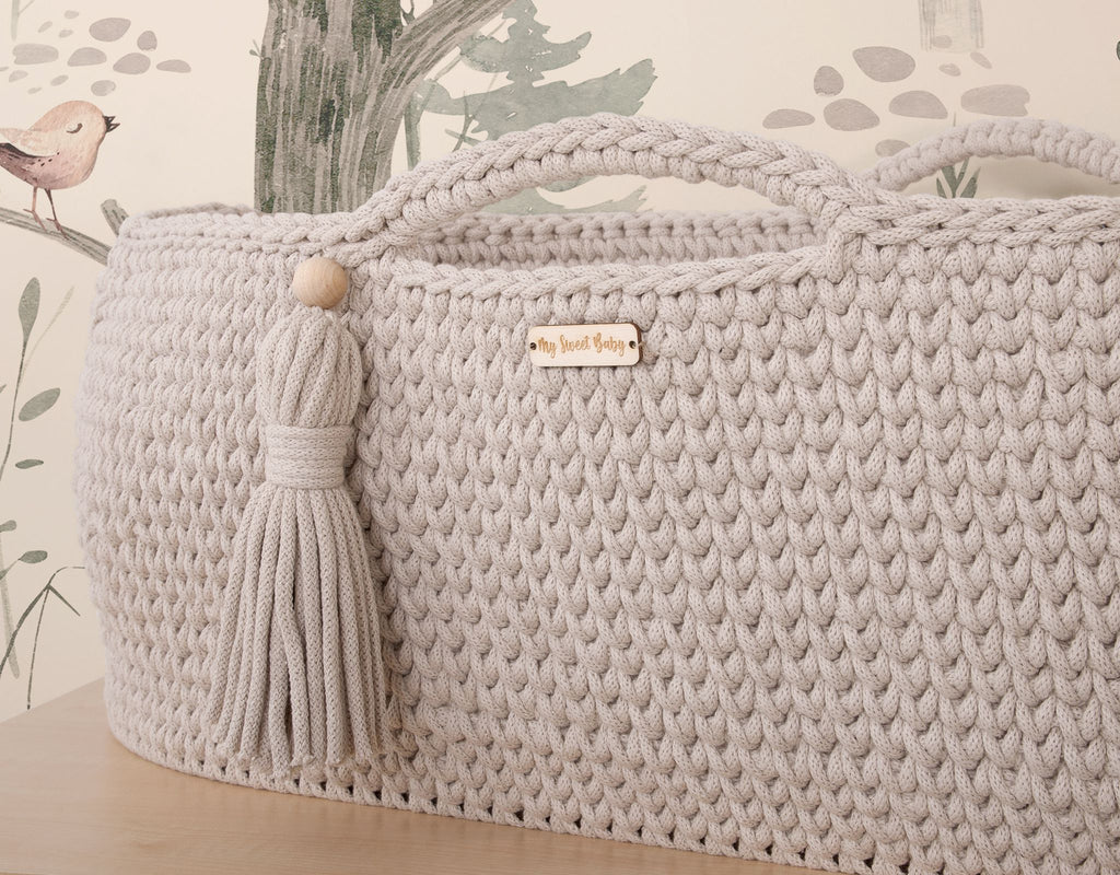 Moses basket BOHO Handmade cotton with mattress - light beige