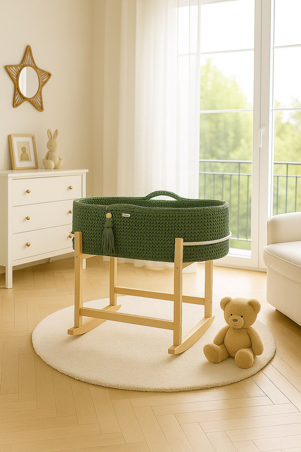 Moses basket BOHO Handmade with cradle - pistachio
