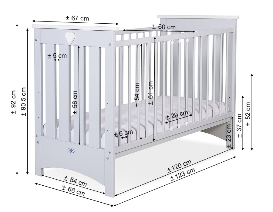 Wooden baby cot 120x60cm Lorenzo III white-grey, with teething rail