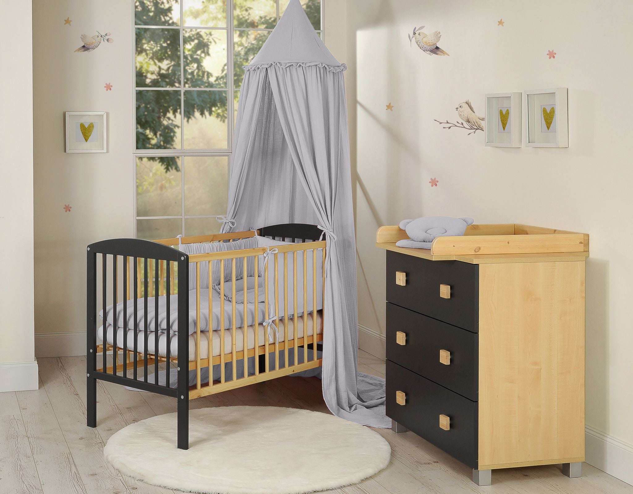 Muslin hanging canopy with frill - grey