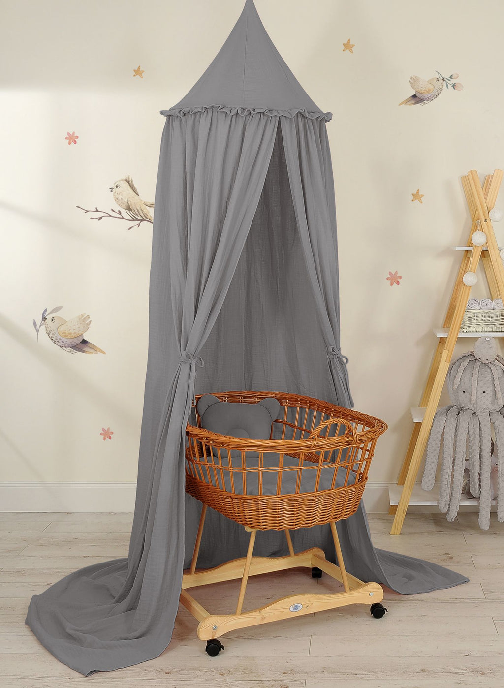 Muslin hanging canopy with frill - anthracite