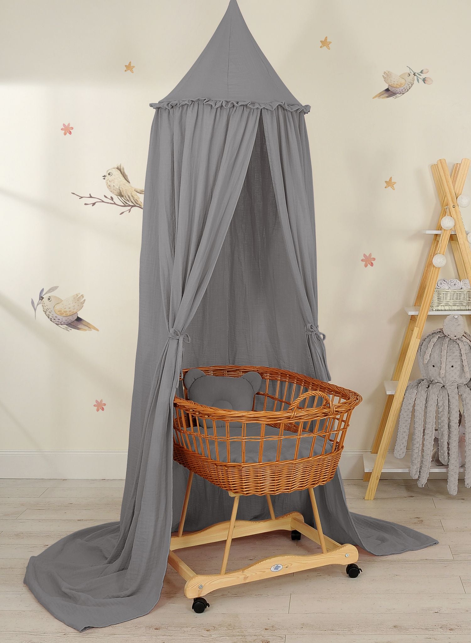 Muslin hanging canopy with frill - anthracite