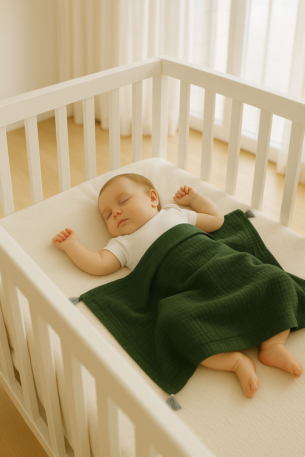 Muslin blanket for kids with tassels - forest green