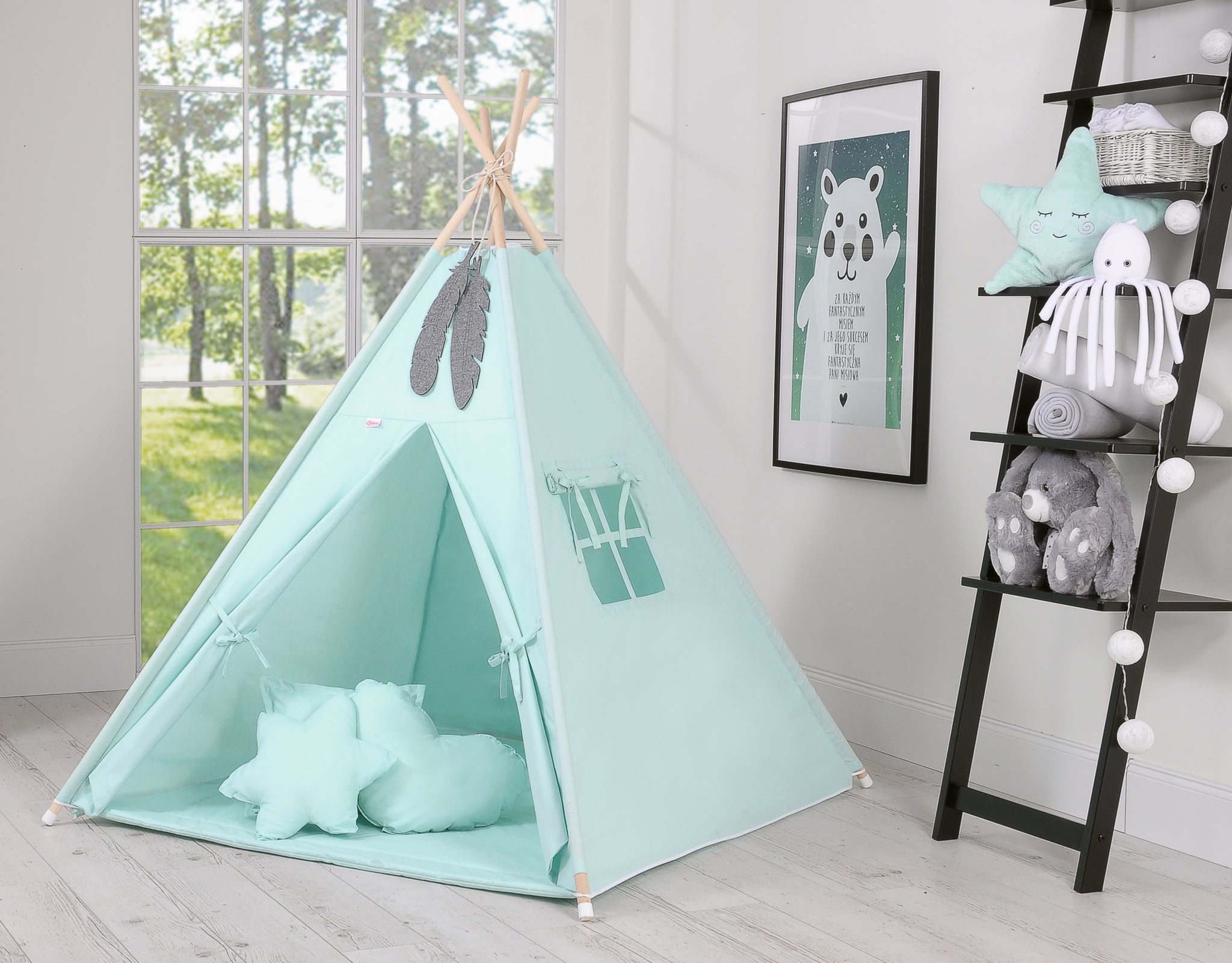 Teepee tent for kids +play mat + decorative feathers  - mint