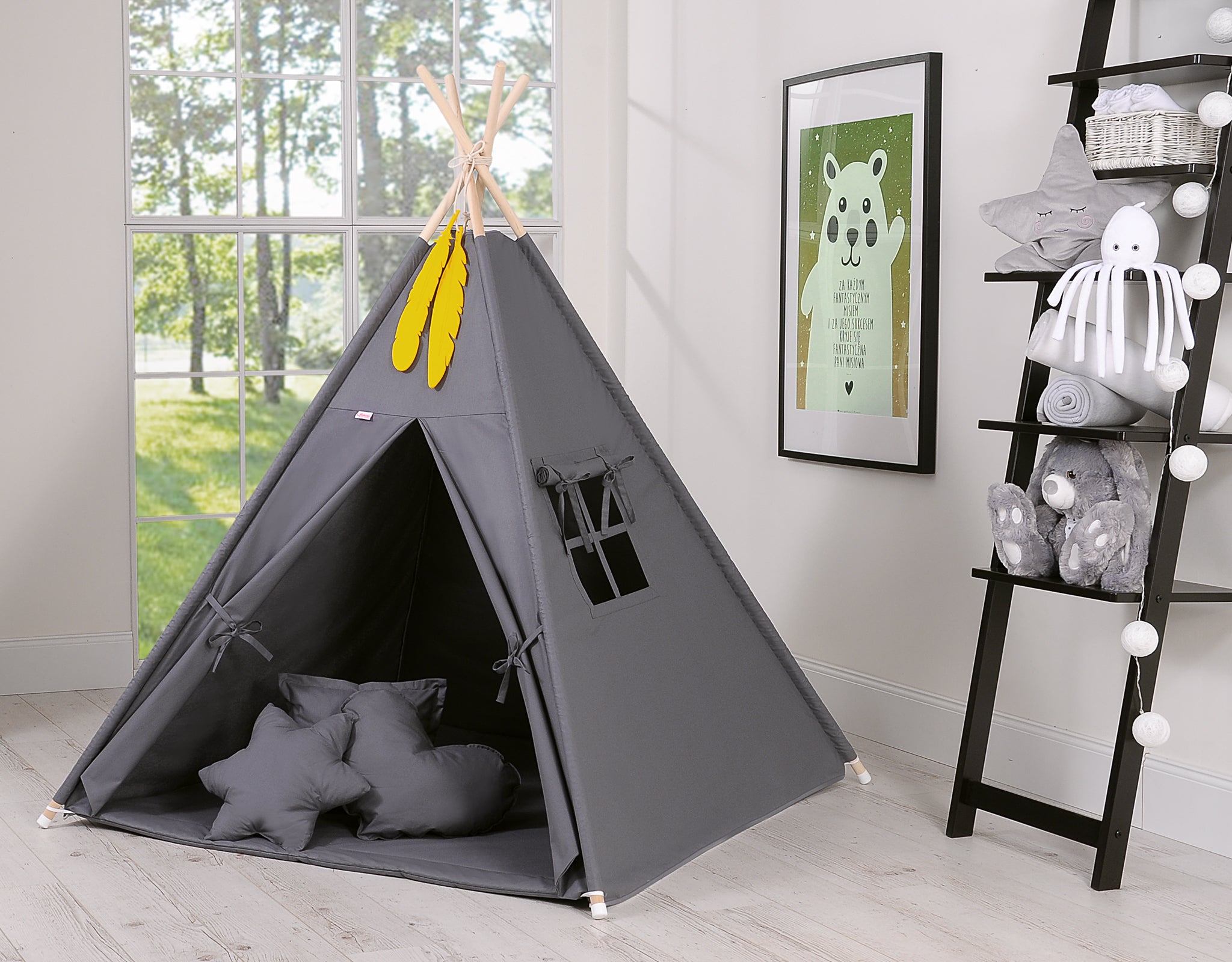 Teepee tent for kids +play mat + decorative feathers - anthracite