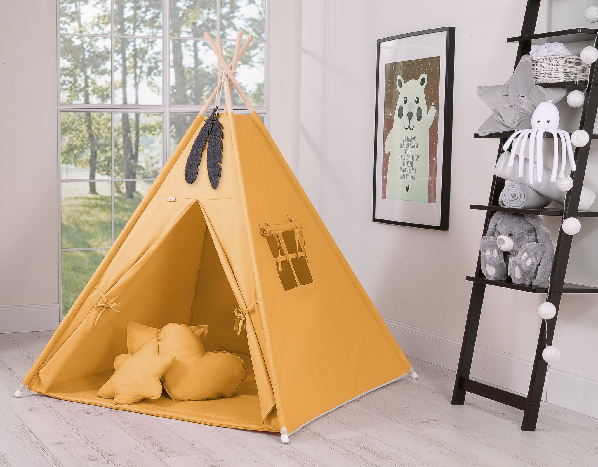 Teepee tent for kids +play mat + decorative feathers - honey yellow