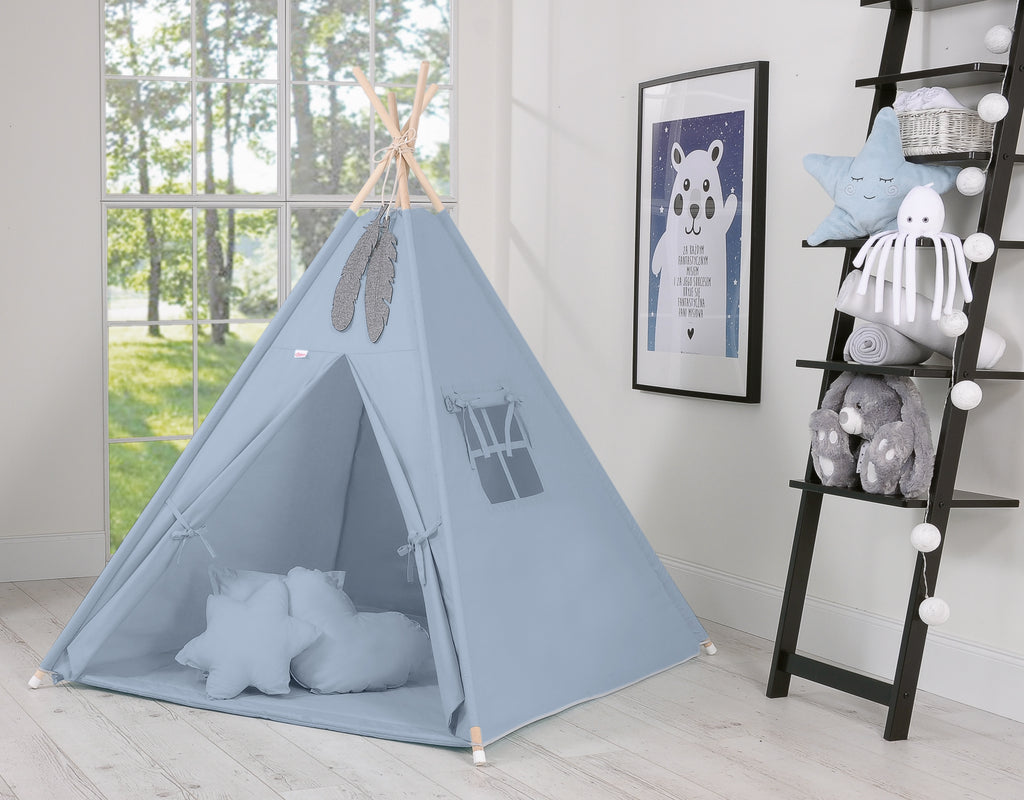 Teepee tent for kids +play mat + decorative feathers - pastel blue