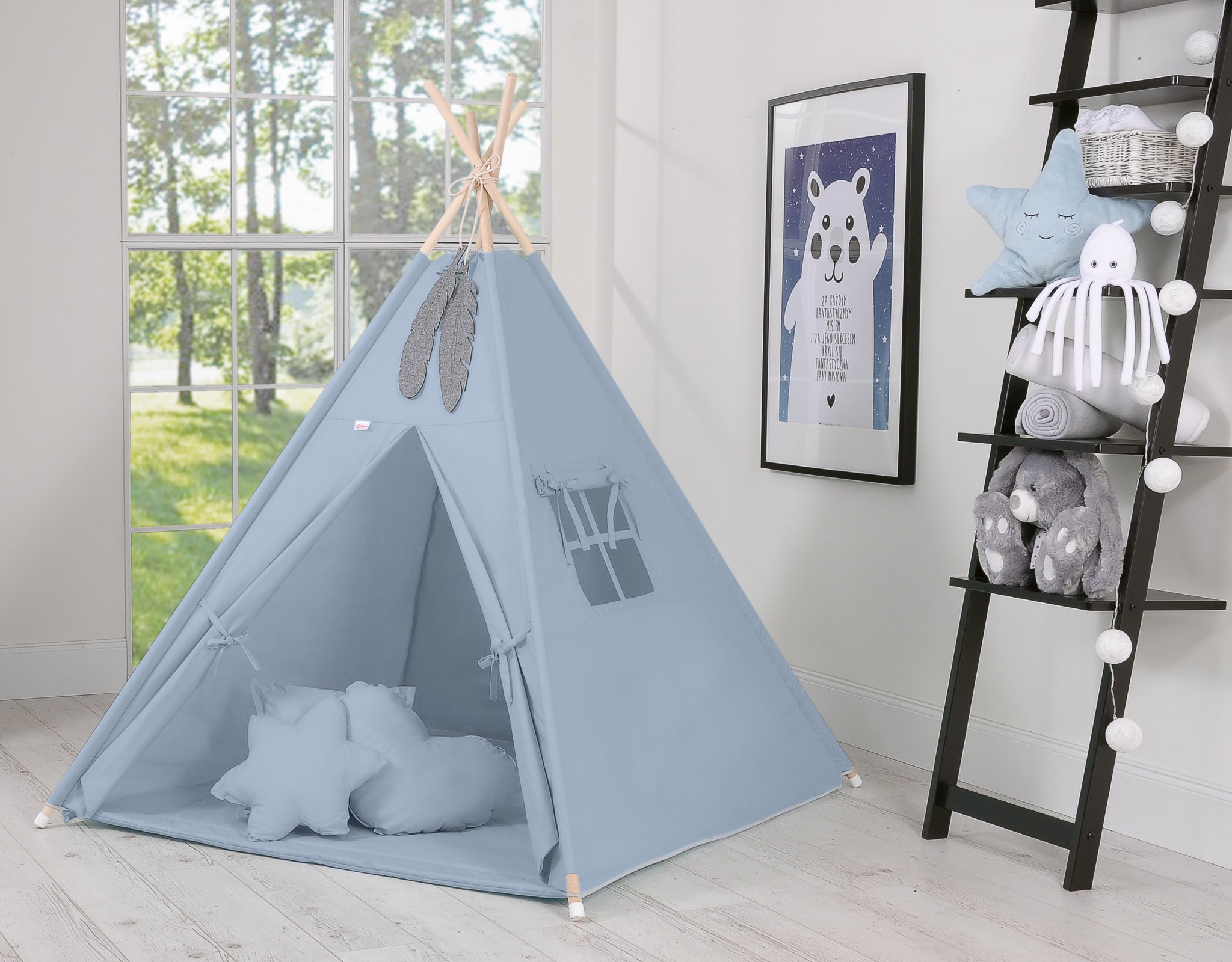 Teepee tent for kids +play mat + decorative feathers - pastel blue
