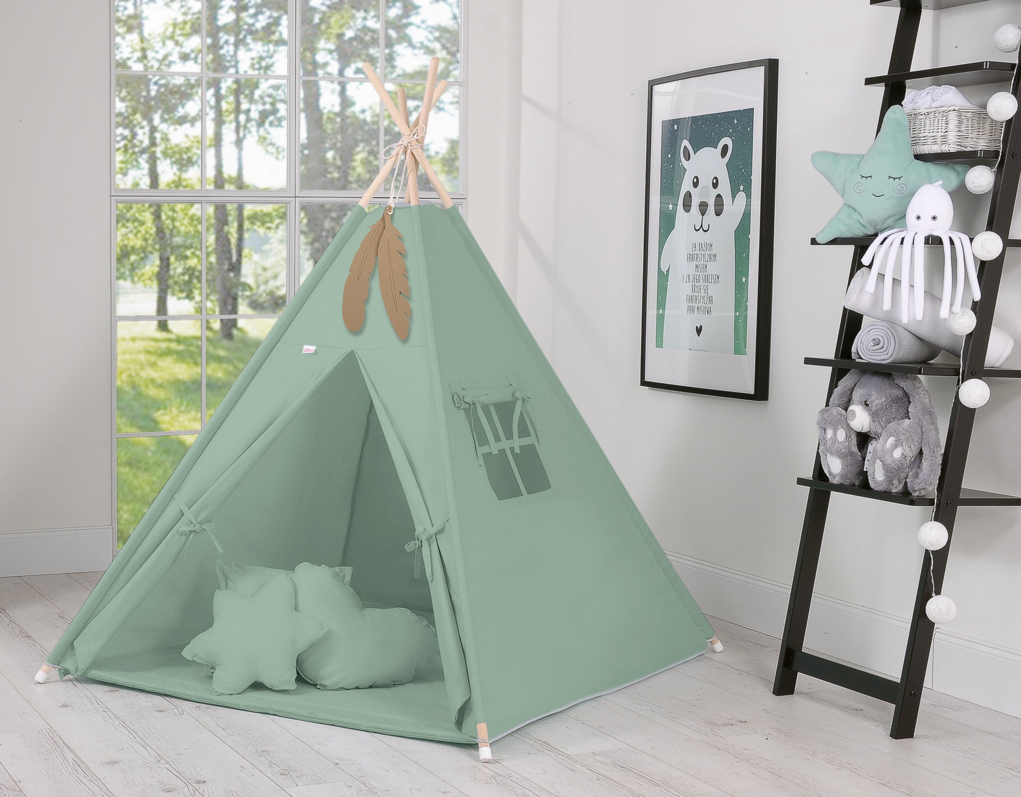 Teepee tent for kids +play mat + decorative feathers - pastel green