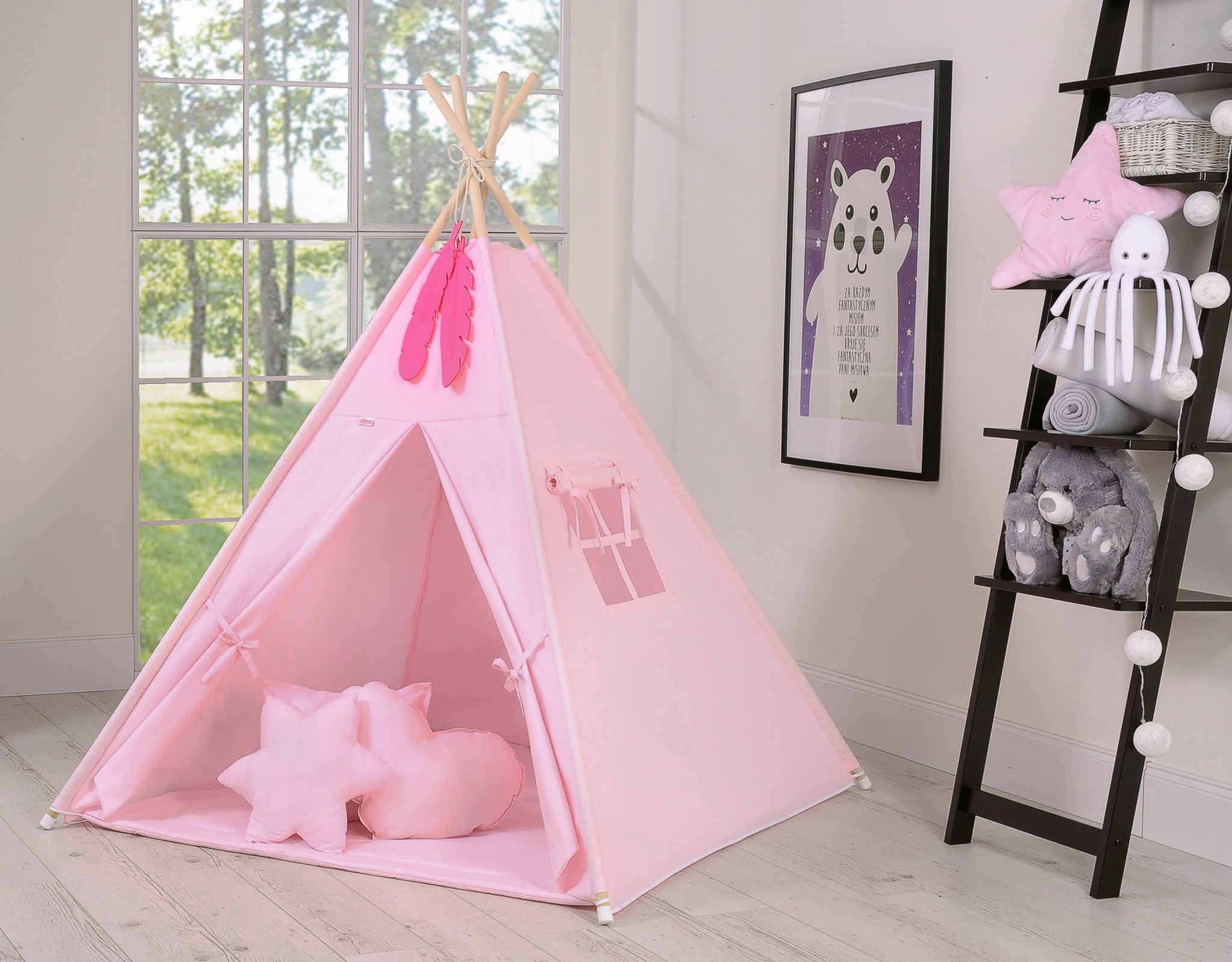Teepee tent for kids +play mat + decorative feathers - pink