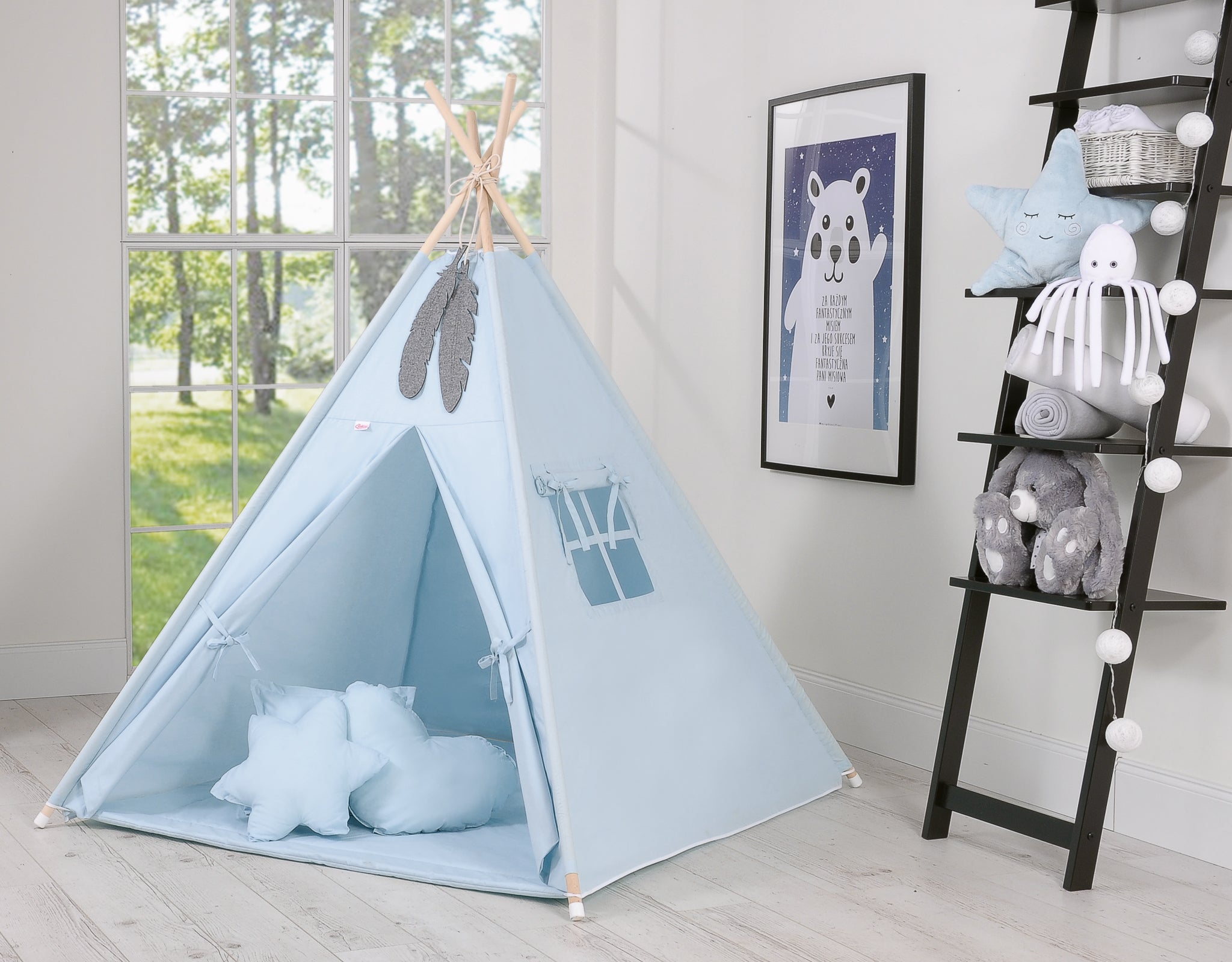 Teepee tent for kids +play mat + decorative feathers - blue