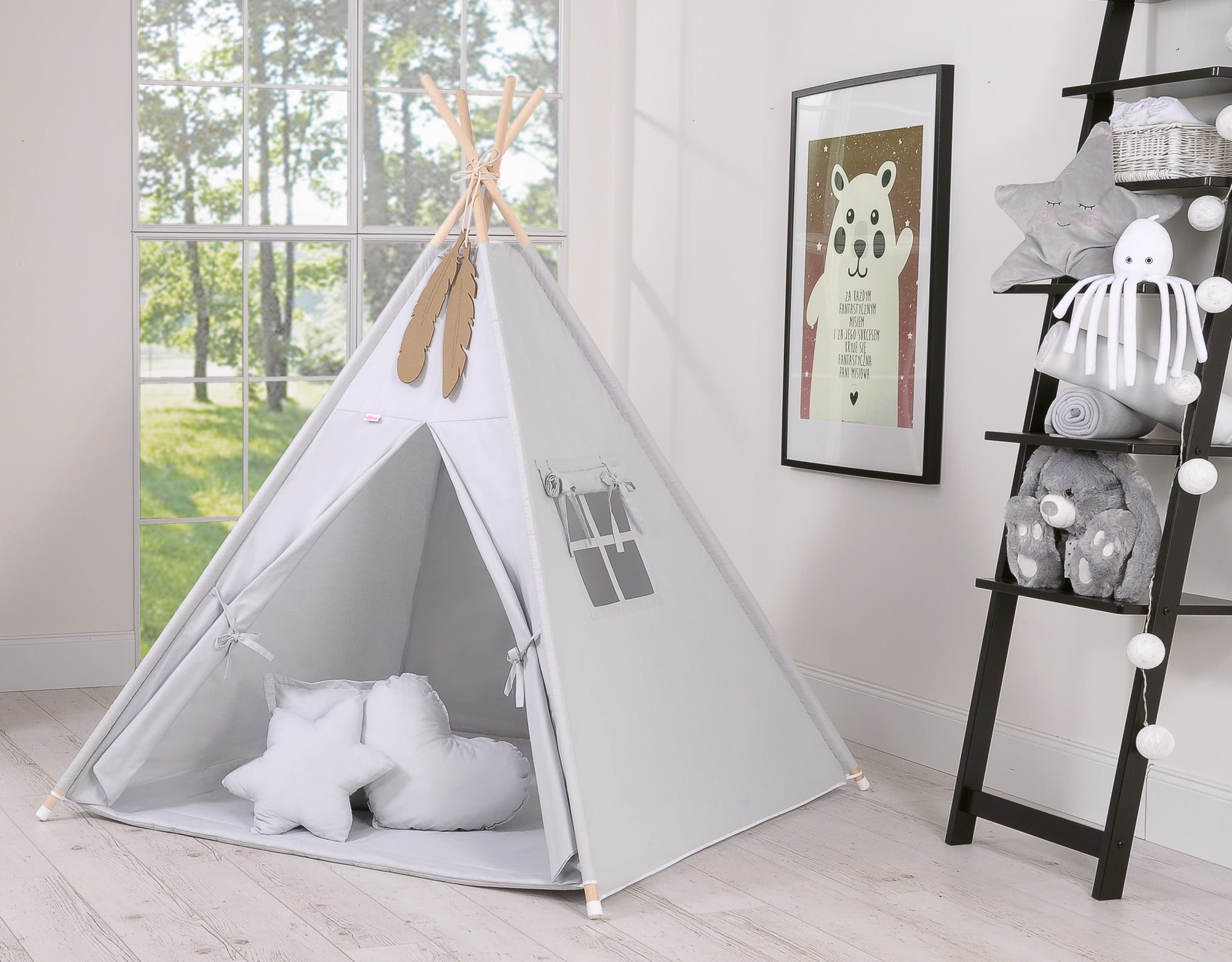 Teepee tent for kids +play mat + decorative feathers - gray