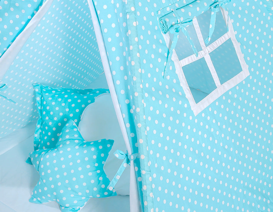 Teepee tent for kids +play mat + decorative feathers - White dots on turquoise
