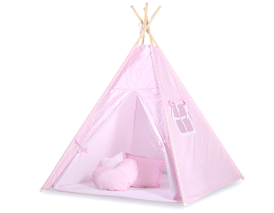 Teepee tent for kids +play mat + decorative feathers - White dots on pink