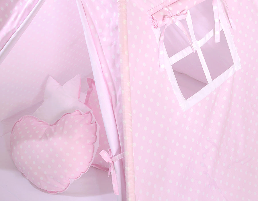Teepee tent for kids +play mat + decorative feathers - White dots on pink