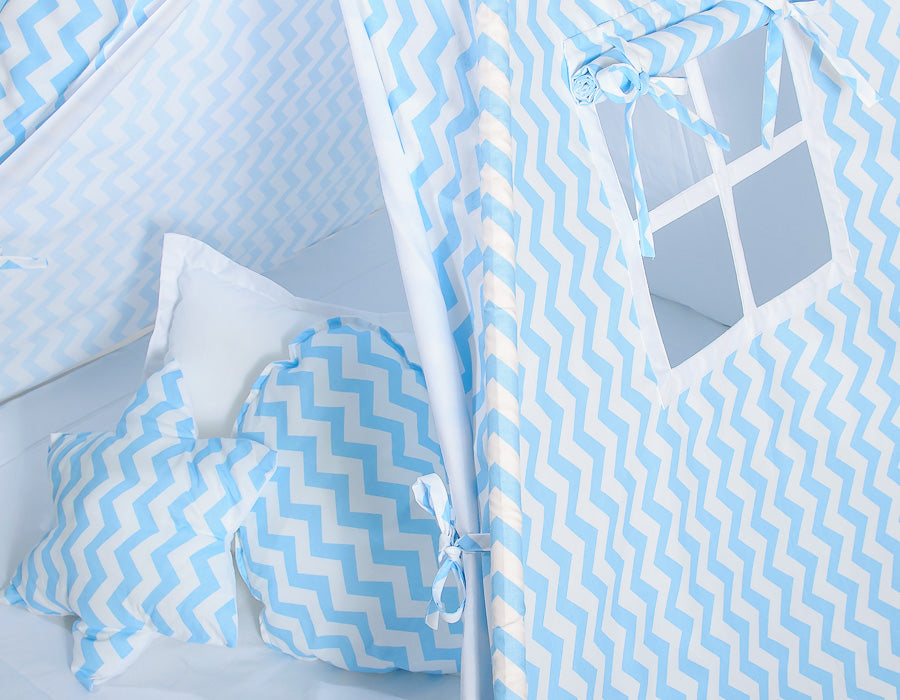Teepee tent for kids +play mat + decorative feathers - Chevron blue