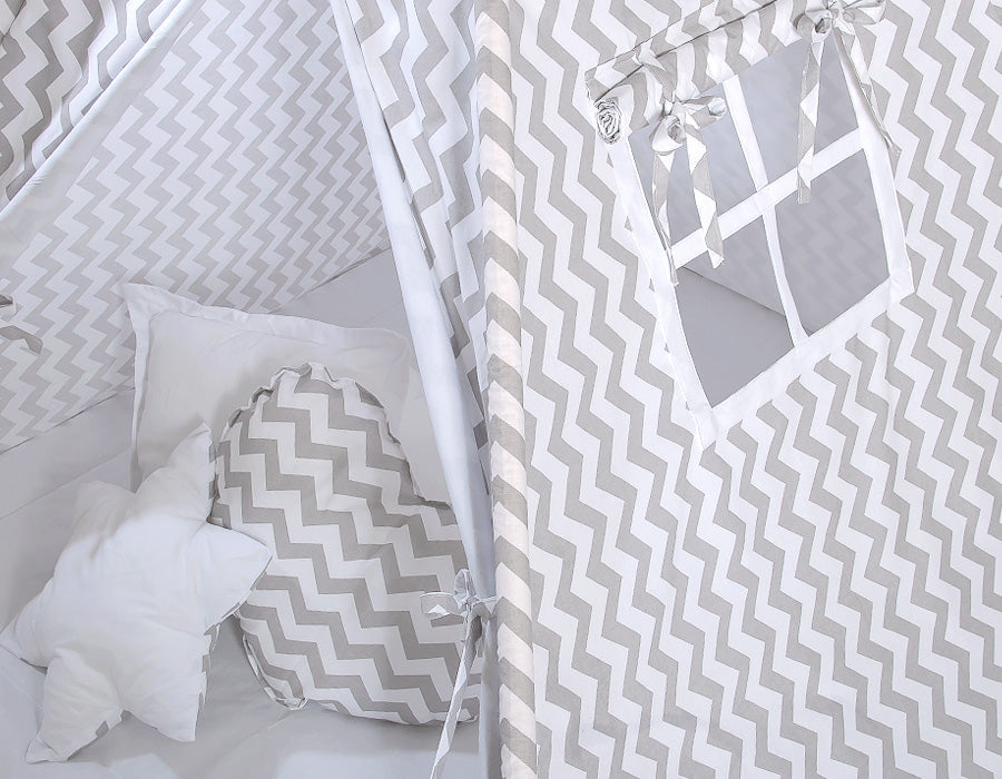 Teepee tent for kids +play mat + decorative feathers - Chevron grey