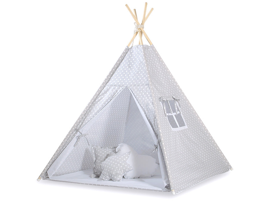 Teepee tent for kids +play mat + decorative feathers - White dots on grey