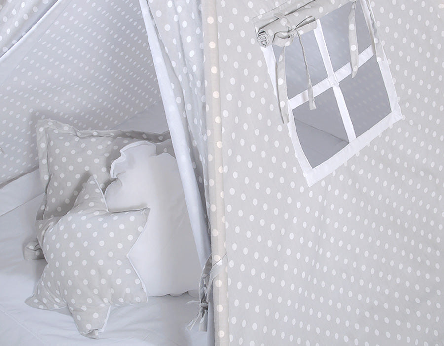 Teepee tent for kids +play mat + decorative feathers - White dots on grey