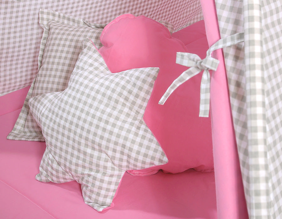 Teepee tent for kids +play mat + decorative feathers  - Grey checkered-pink