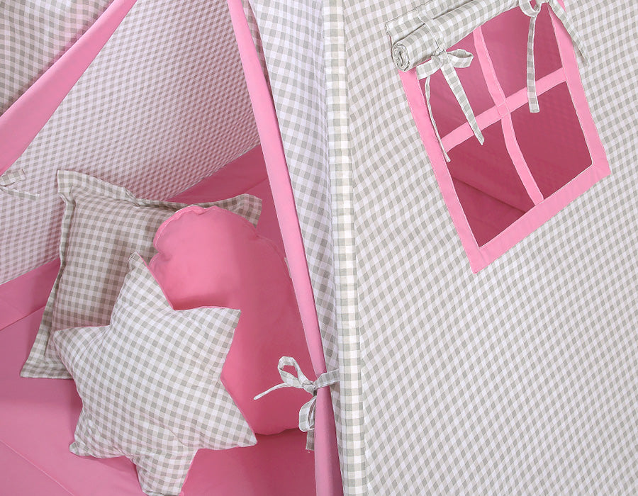 Teepee tent for kids +play mat + decorative feathers  - Grey checkered-pink