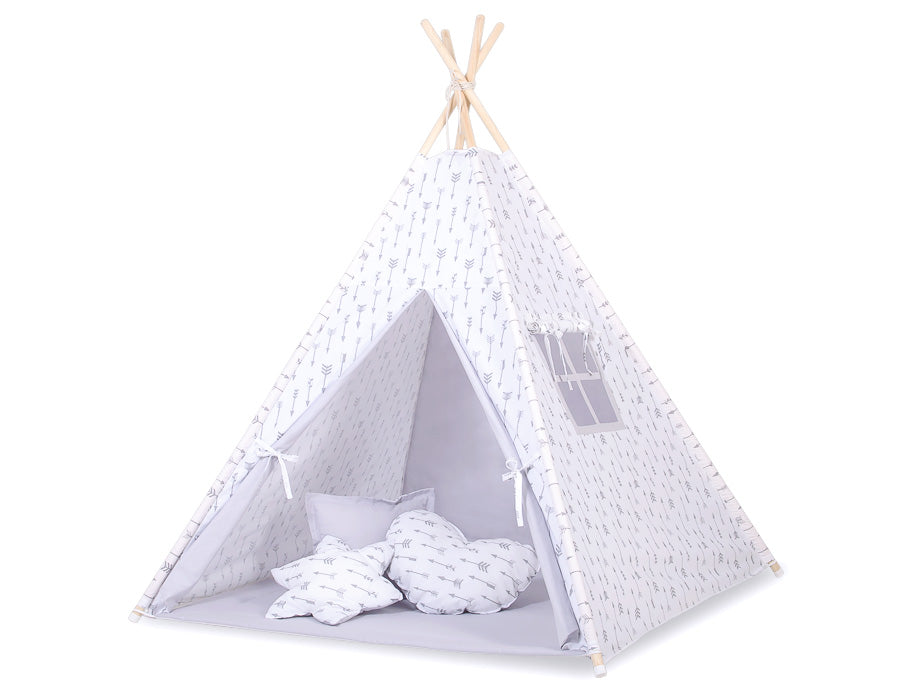Teepee tent for kids +play mat + decorative feathers - Grey arrows