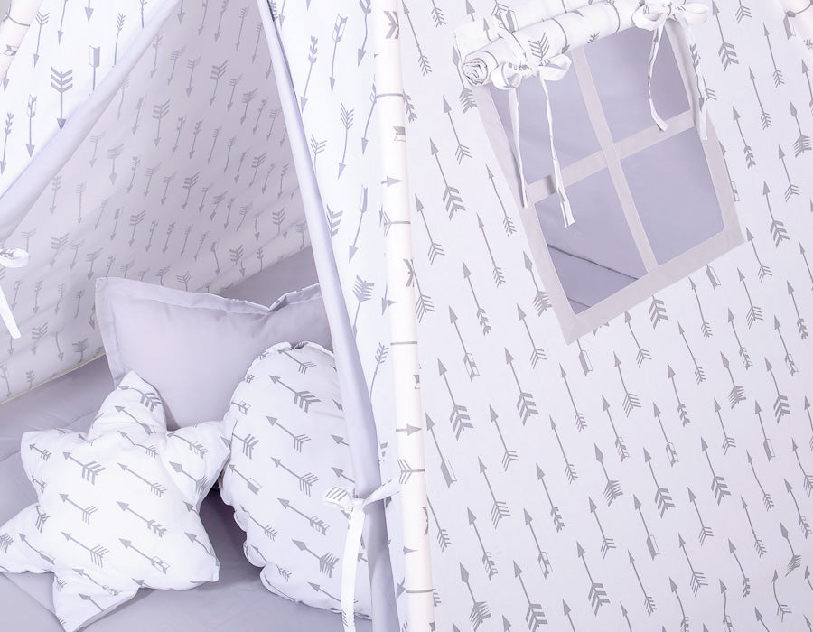 Teepee tent for kids +play mat + decorative feathers - Grey arrows