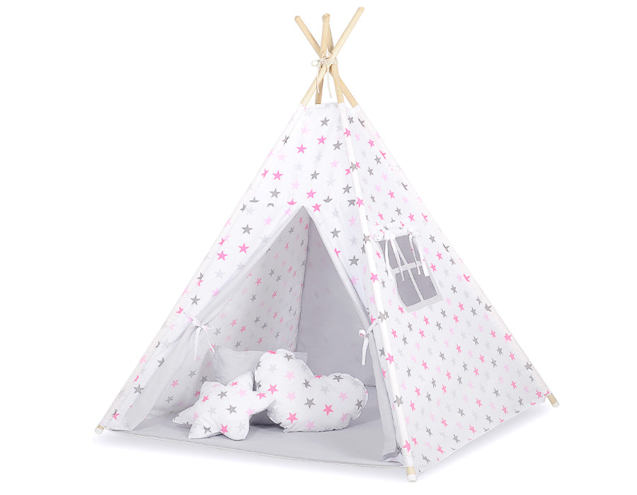 Teepee tent for kids +play mat + decorative feathers - Grey-pink stars/grey