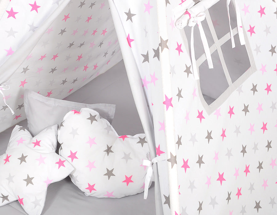 Teepee tent for kids +play mat + decorative feathers - Grey-pink stars/grey