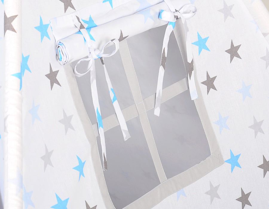 Teepee tent for kids +play mat + decorative feathers - Grey-blau stars/grey