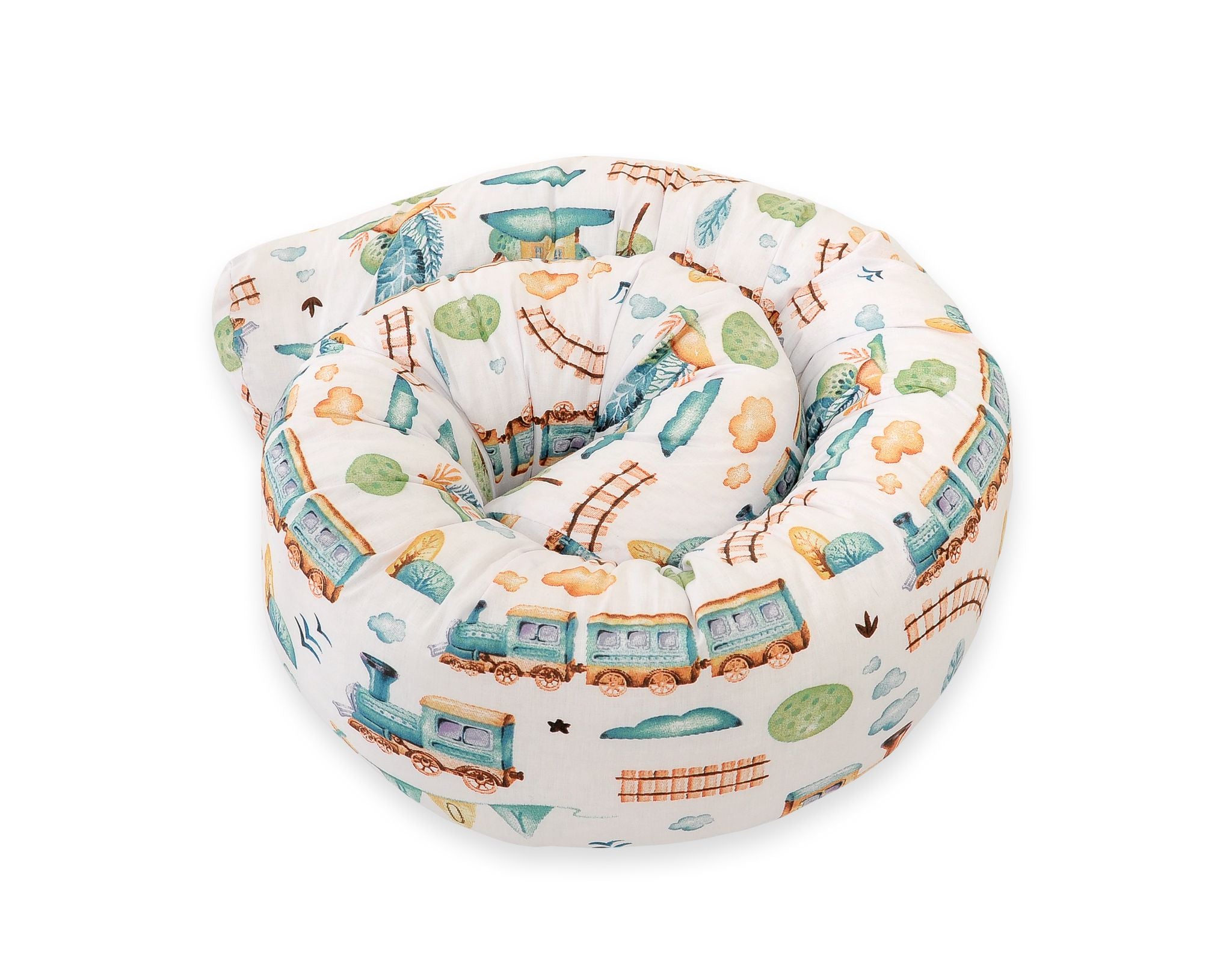 Roller bumper for baby bed - turquoise train