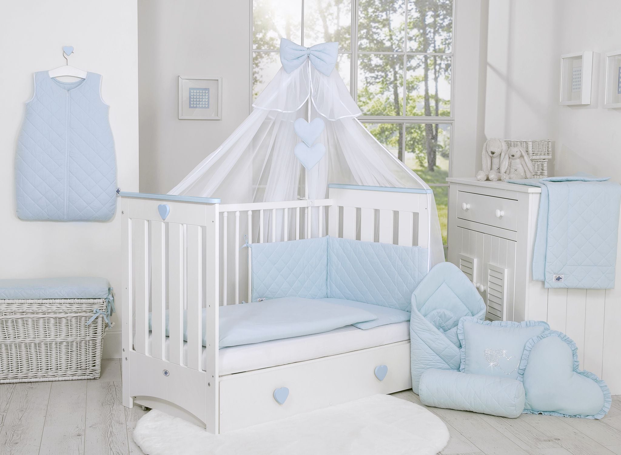 Wooden baby cot120x60cm Lorenzo III white-blue, with teething rail