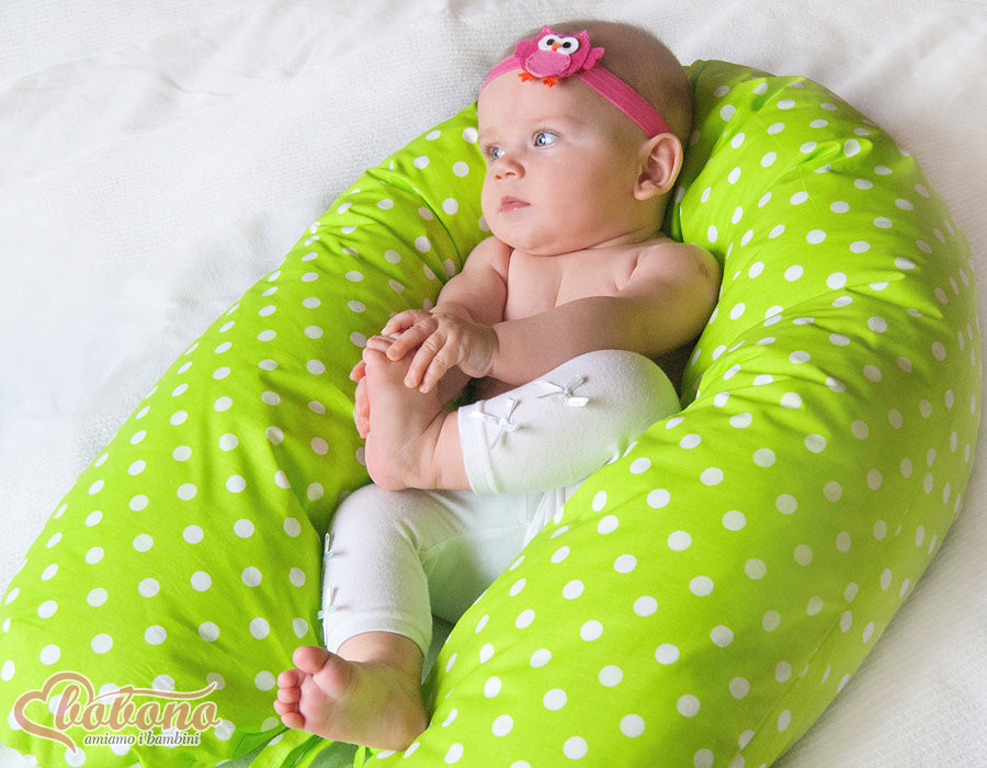 Pregnancy pillow- Longer, removable pillowcase - White polka dots on green