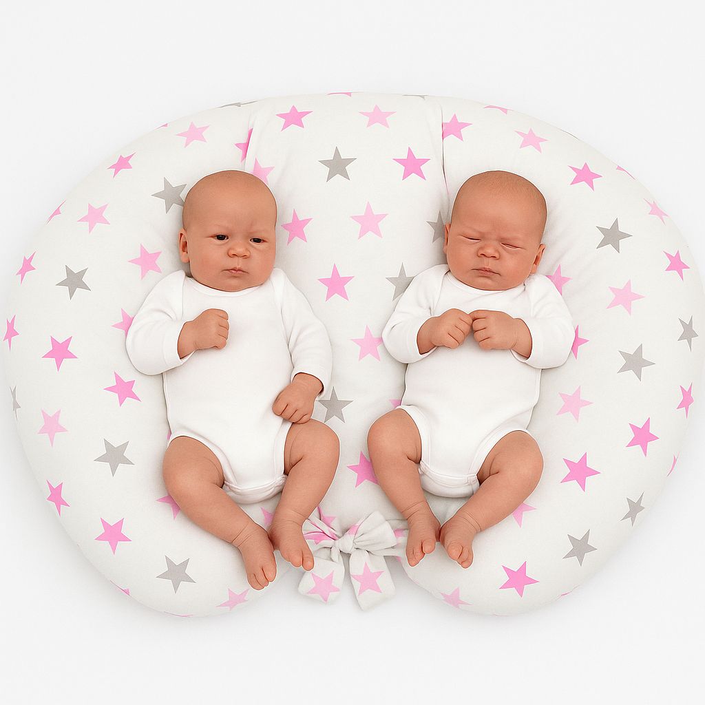 Twin Nursing Pillow – Gray-Pink stars (Removable, Hands-Free Feeding)