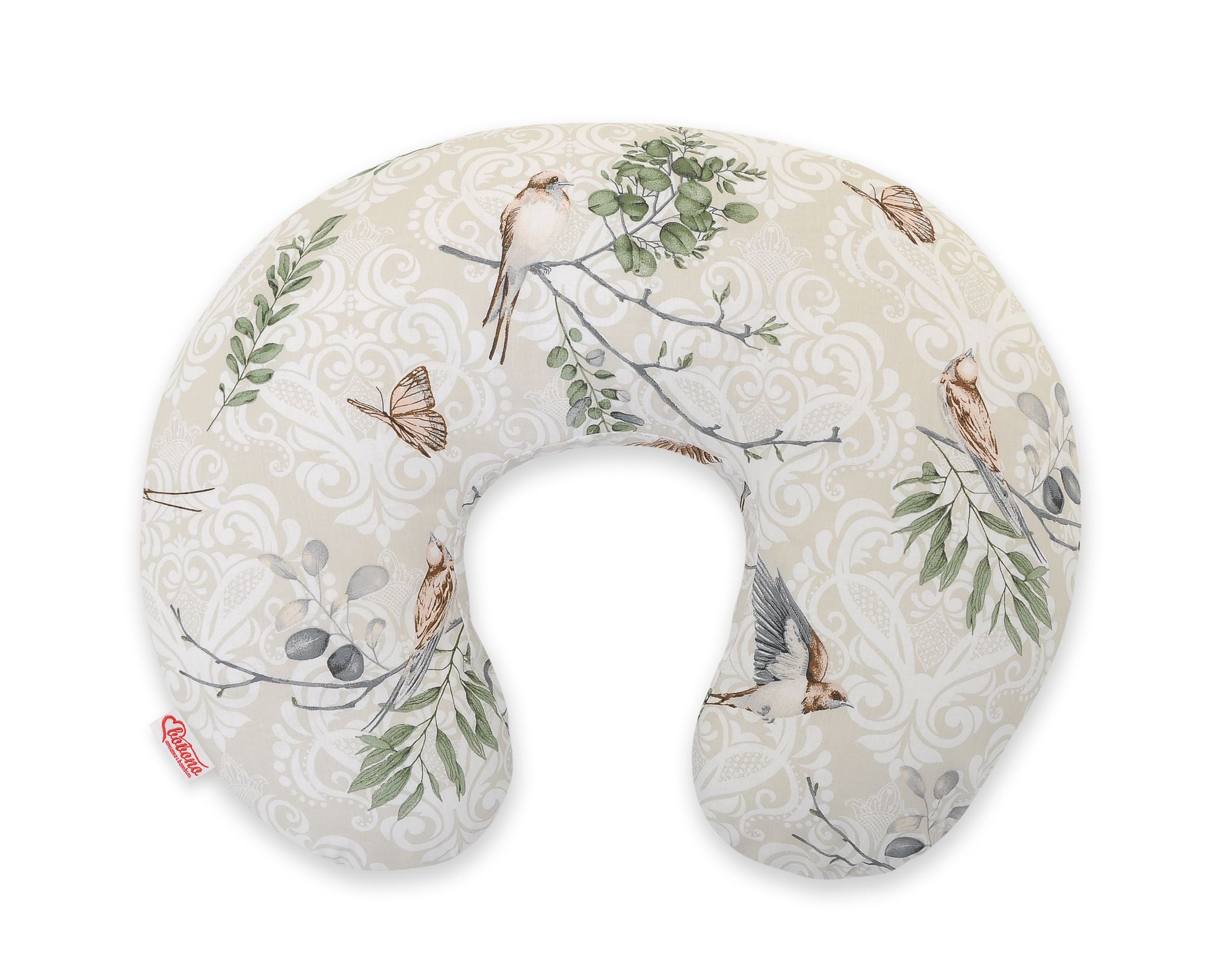 Breastfeeding Pillow Nursing Croissant Pillow, removable, Hands-Free Feeding - brown birds