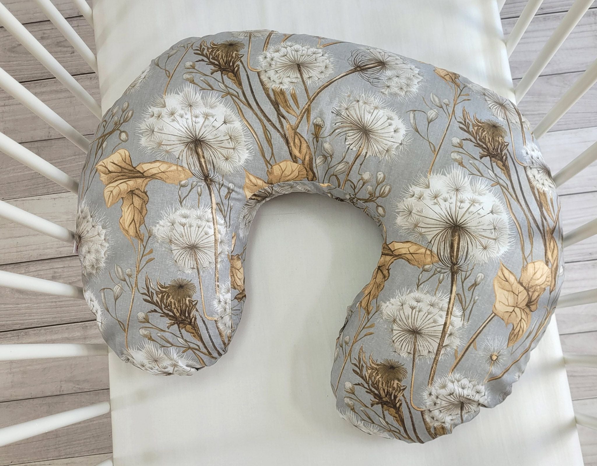 Breastfeeding Pillow Nursing Croissant Pillow, removable, Hands-Free Feeding- Dandelions grey