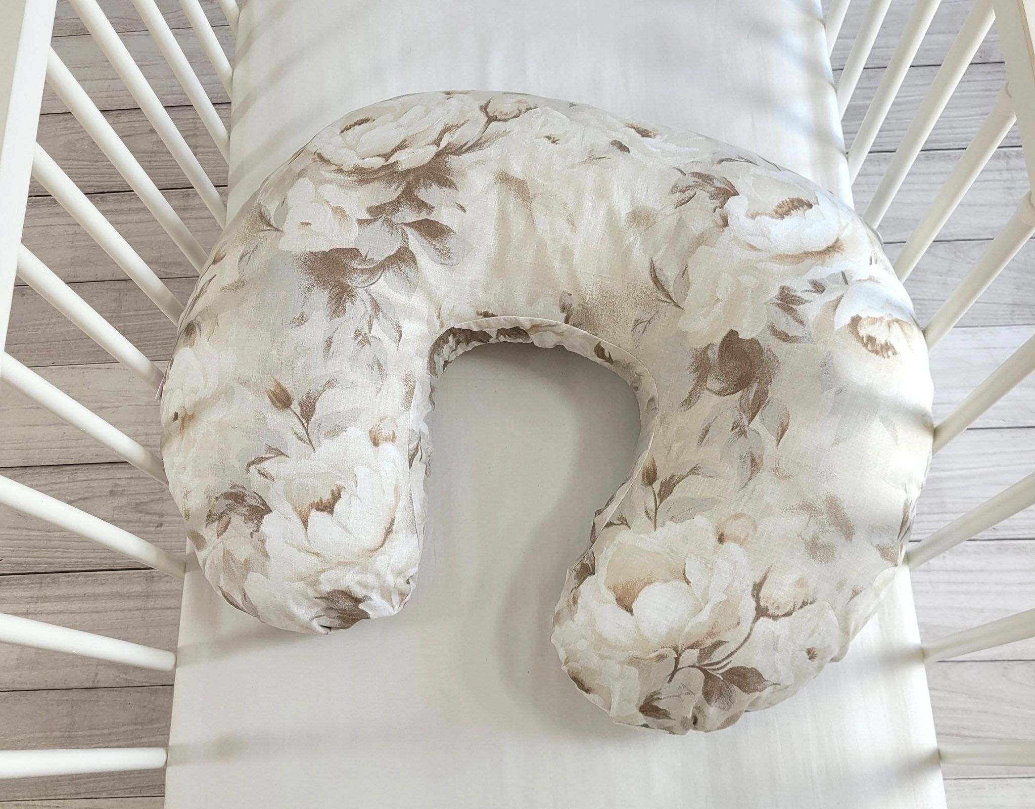 Breastfeeding Pillow Nursing Croissant Pillow, removable, Hands-Free Feeding- Peonies beige