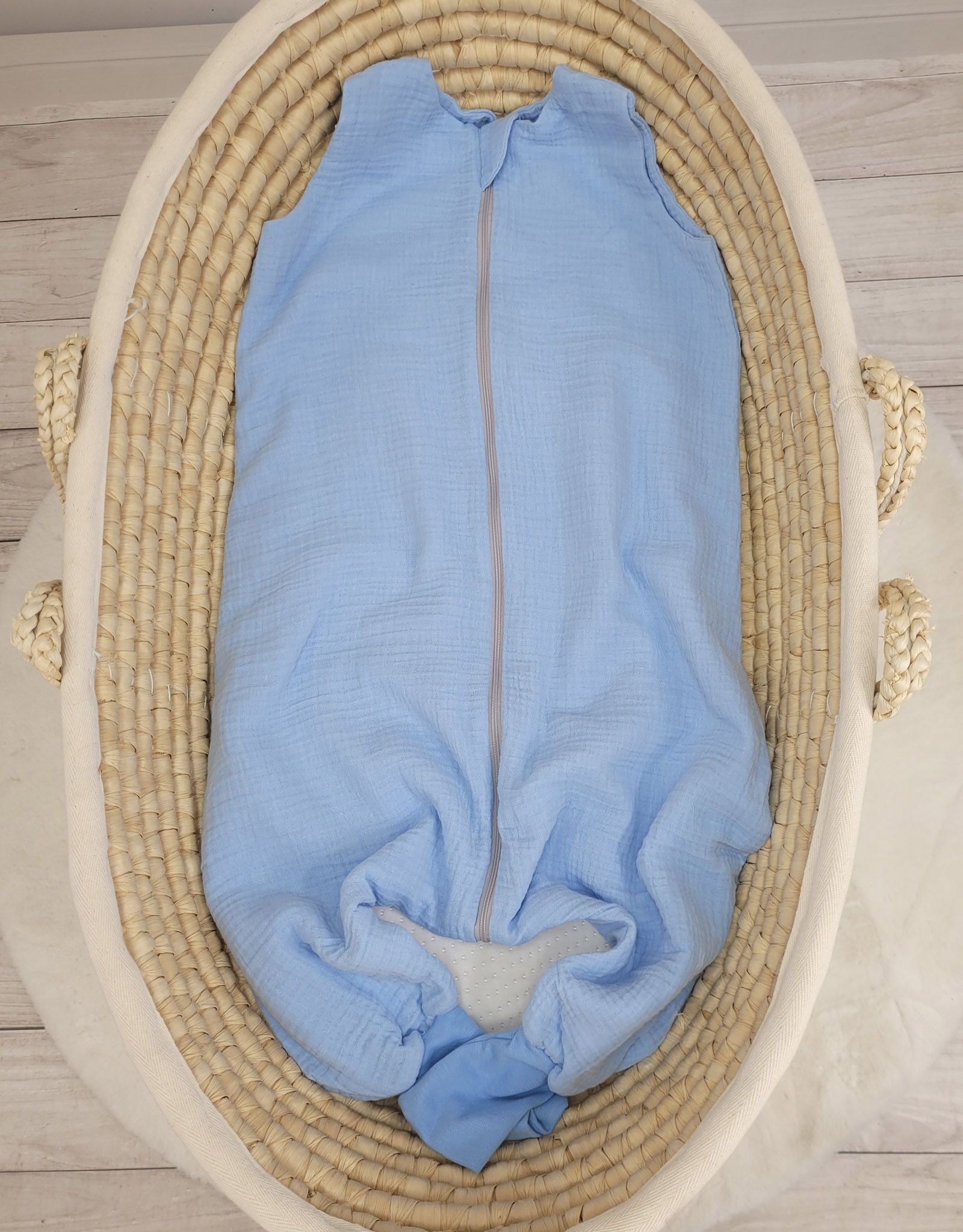 Muslin baby sleeping bag with legs L 9-24 months for summer TOG 1.0 - blue
