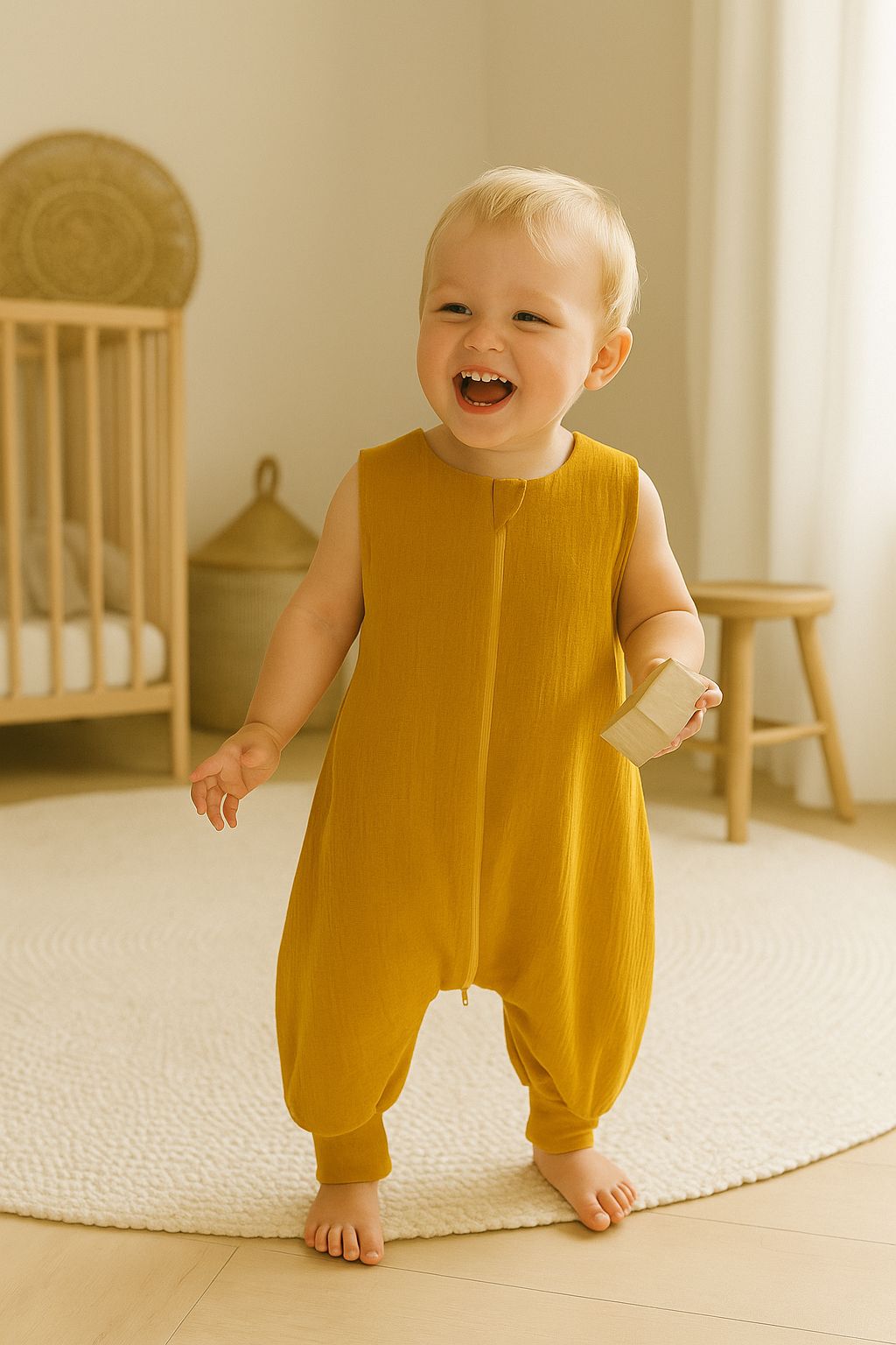 Muslin baby sleeping bag with legs L 9-24 months for summer TOG 1.0 - honey yellow
