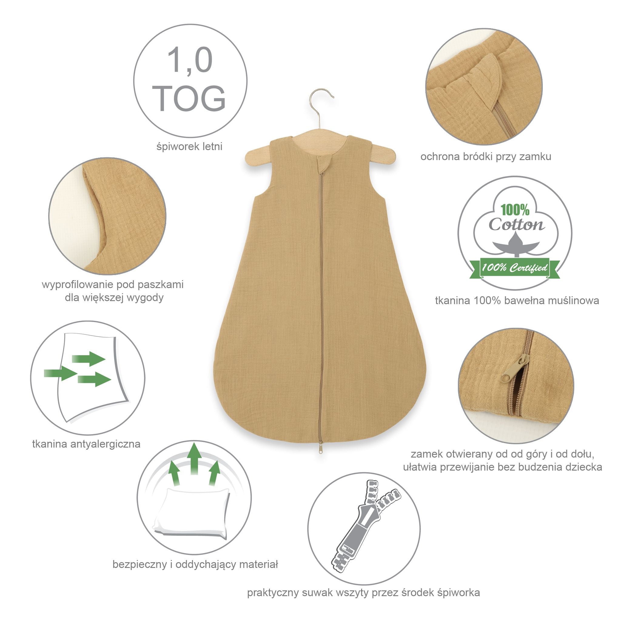 Muslin baby sleeping bag 0-6 months S for summer TOG 1.0 - cream