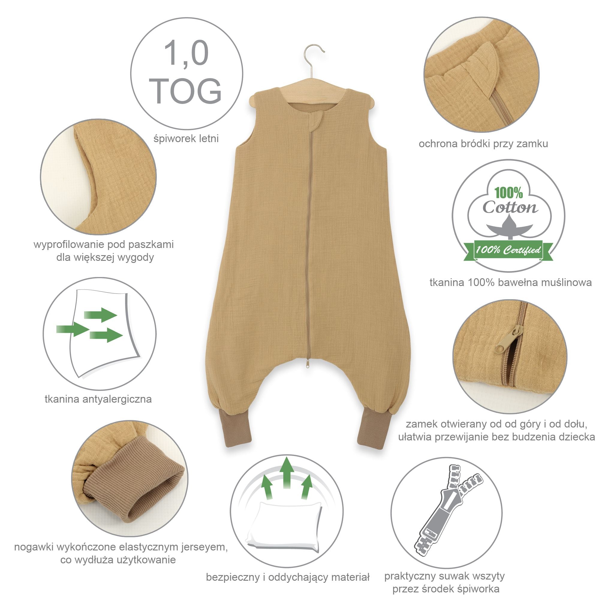 Muslin baby sleeping bag with legs L 9-24 months for summer TOG 1.0 - blue